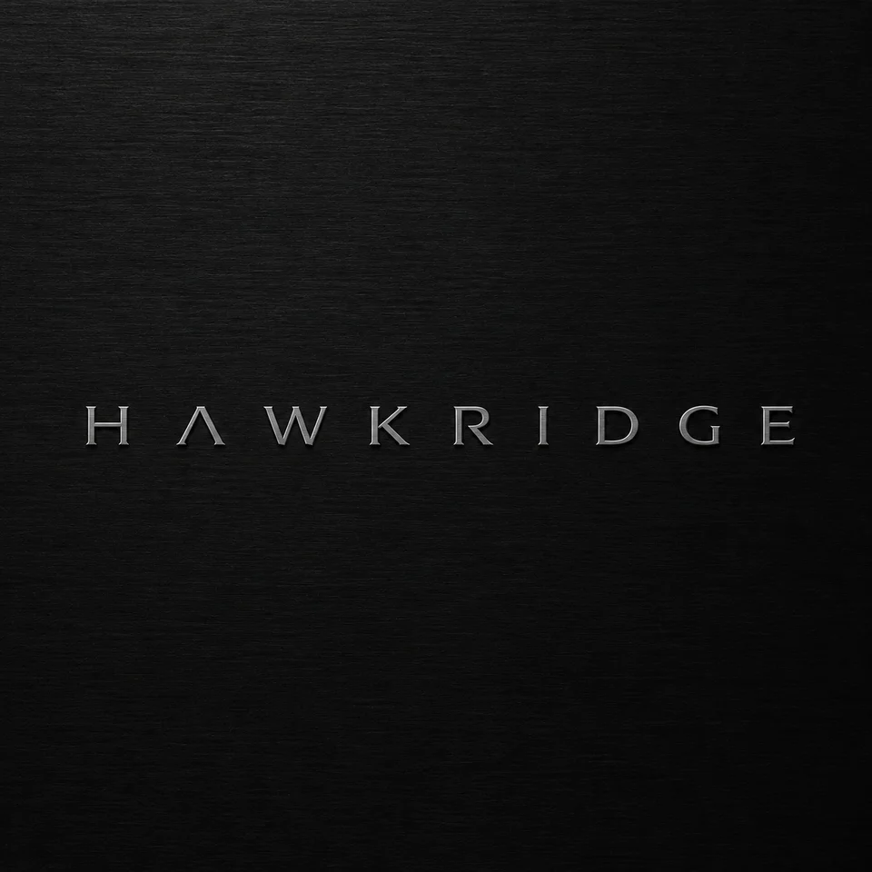 Hawkridge silver wordmark on black brushed metal.
