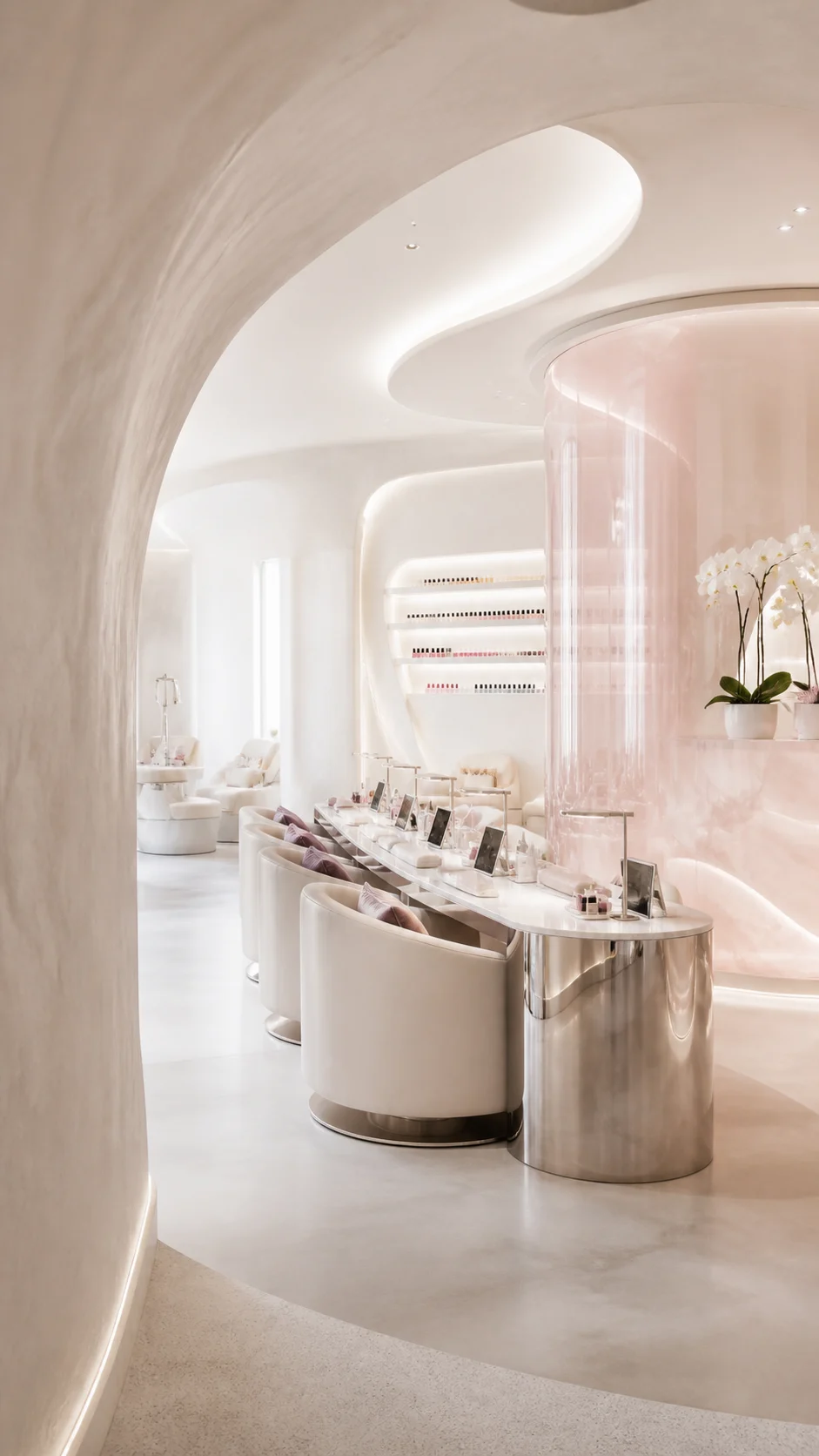 Maison Forme concept: pearl salon interior with curved blush glass and chrome manicure stations.