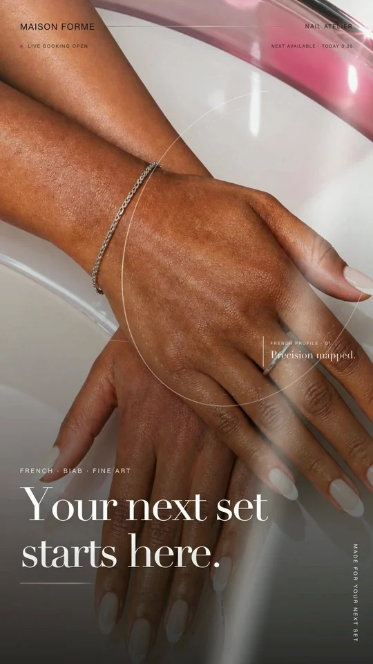 An existing mobile-format Maison Forme preview, showing the French manicure hero and booking direction.